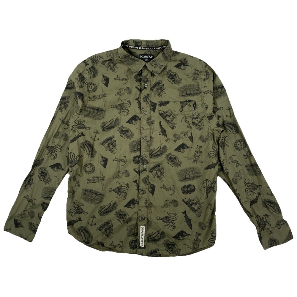 Kavu Nautical Button Up Shirt Men's Medium Green Diver Octopus Ships Ocean